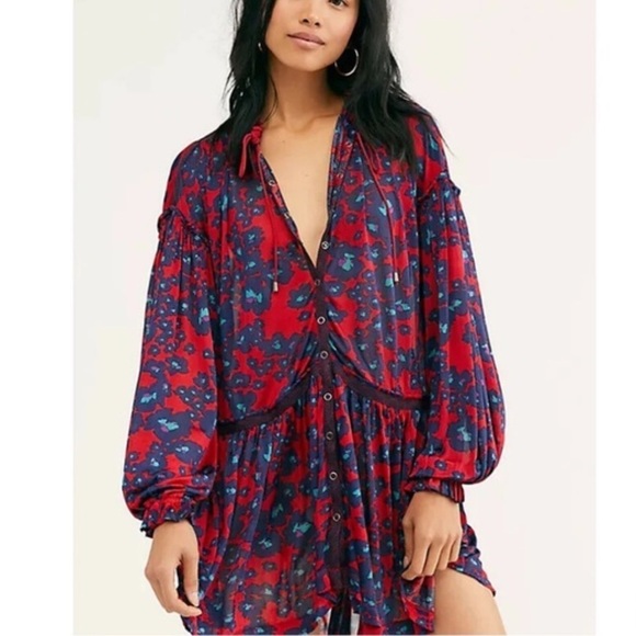 Free People Dress Merlot Combo Love Letter Tunic Red Blue Boho Floral Mini S - Picture 1 of 9